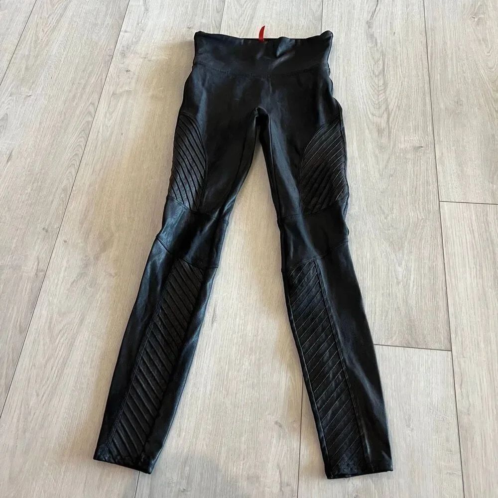 Spanx Faux Leather Moto Leggings Size S Black Womens